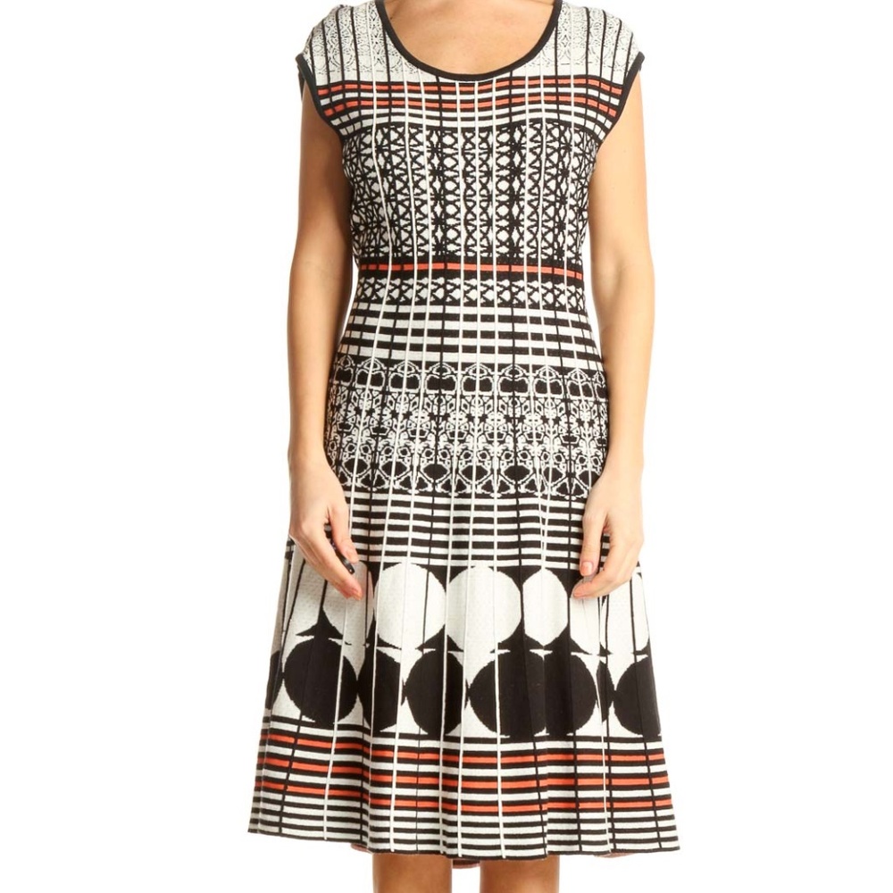 NIC + ZOE White Printed Day Knit Fit & Flare Dress SZ M Stretch A-line